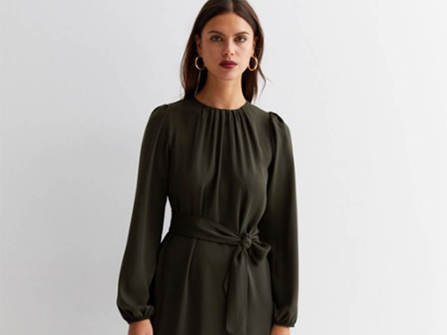 khaki crew neck tie waist long sleeve mini dress at Fashion.ie