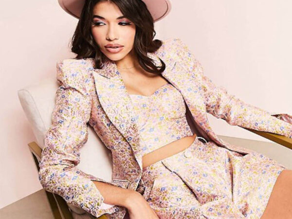 ASOS LUXE Blazer with shoulder pads in pink floral