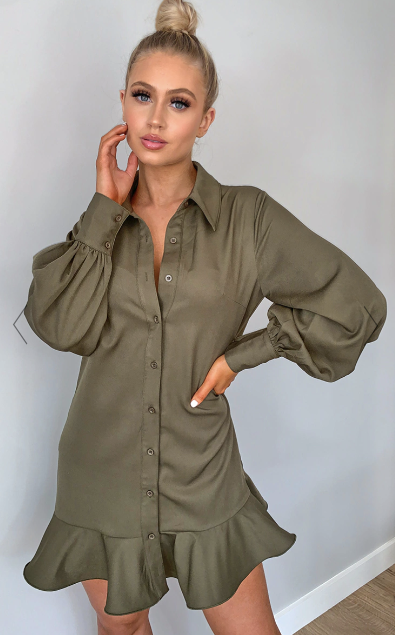 KHAKI FRILL HEM SHIRT DRESS