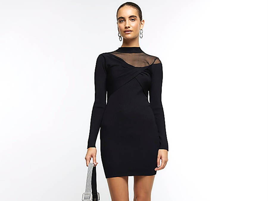 Black Lace Trim High Neck Sheer Top Bodycon Dress