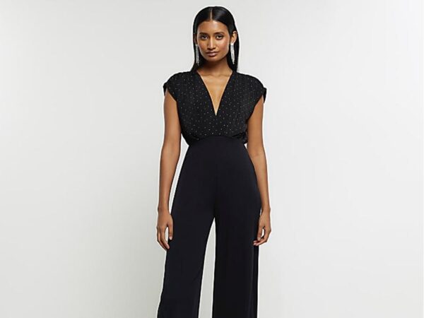 Ladies Black Diamante Wide Leg Jumpsuit Fashin.ie Ireland