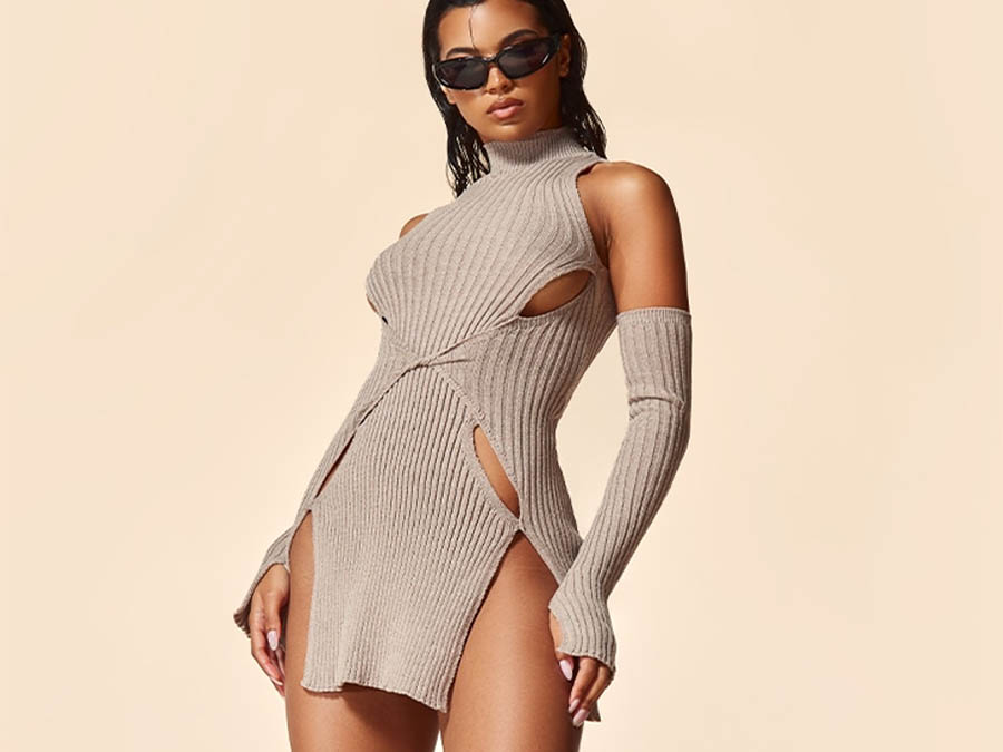 Ladies taupe knitted twist front cold shoulder bodycon dress Ireland