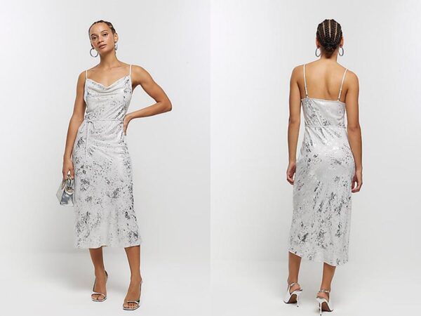 Ladies Silver Foil Detail Slip Midi Dress Fashion.ie Ireland