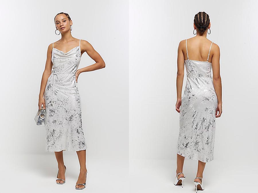 Ladies Silver Foil Detail Slip Midi Dress Fashion.ie Ireland