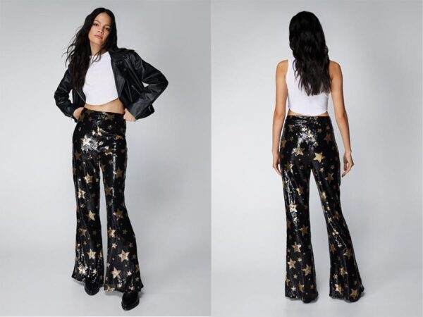 Ladies black and gold Star Sequin Flare Pants Fashion.ie