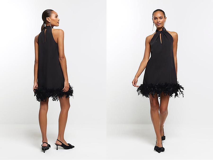 Ladies Black Feather Hem Shift Mini Dress