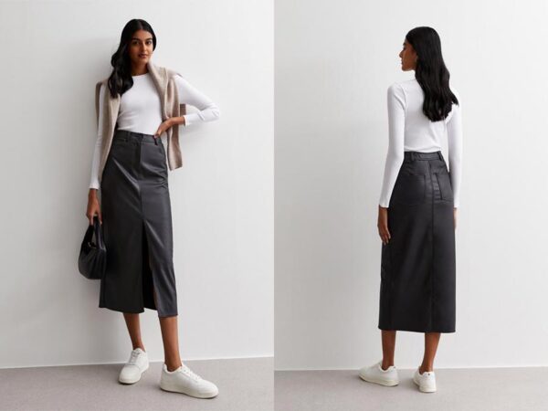 Ladies Black Leather-Look Coated Split Hem Midaxi Skirt Ireland