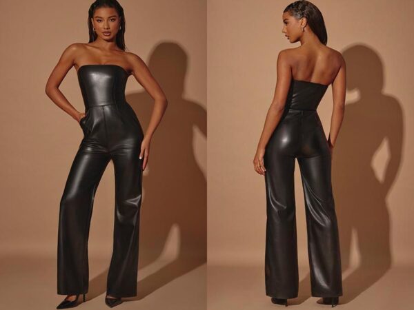 Ladies black strapless wide leg vegan leather jumpsuit Fashion.ie