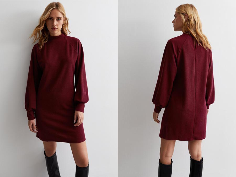 Ladies Burgundy Ribbed High Neck Raglan Mini Dress Fashion.ie Ireland