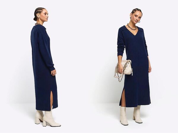 Ladies Navy Collared Jumper Midi Dress Fashion.ie Ireland