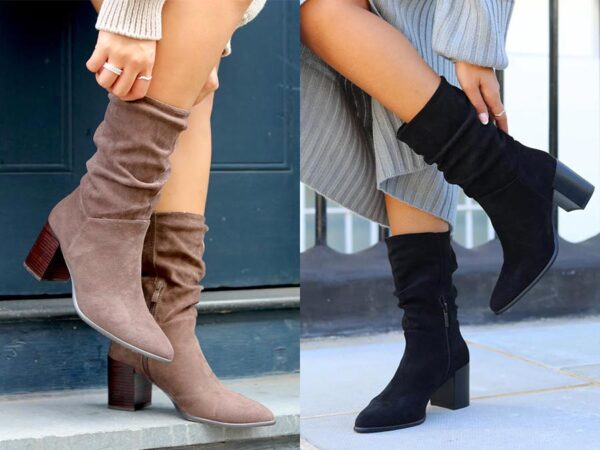 Ladies Black Suede Western Style Ruched Boot With Leather Stacked Heel Ireland