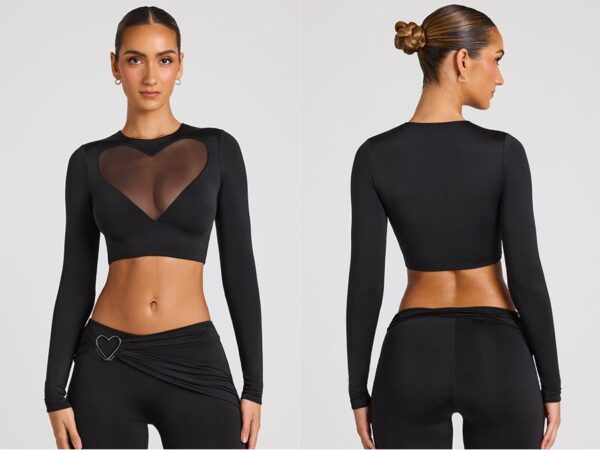 Ladies Black Sheer Panelled Long Sleeve Crop Top Fashion.ie 2024 Ireland