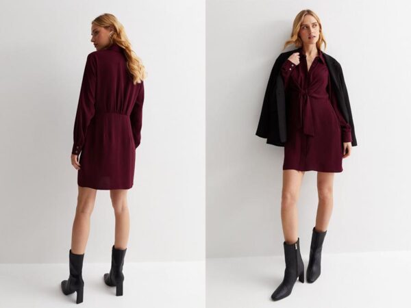 Ladies Burgundy Tie Front Long Sleeve Mini Shirt Dress. Fashion.ie 2024 Ireland