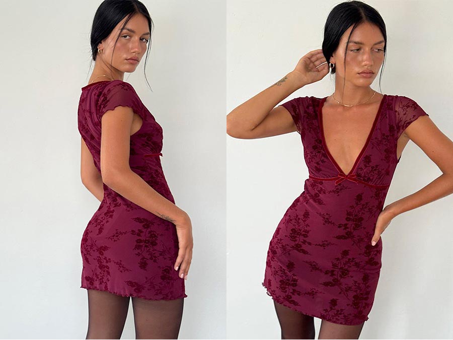Ladies Maroon Flower Print Mini Dress Fashion.ie 2024 Ireland