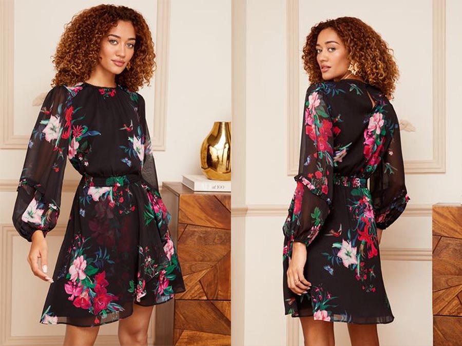 Ladies Printed Ruffle Long Sleeve Floral Skater Dress Fashion.ie 2024 Ireland