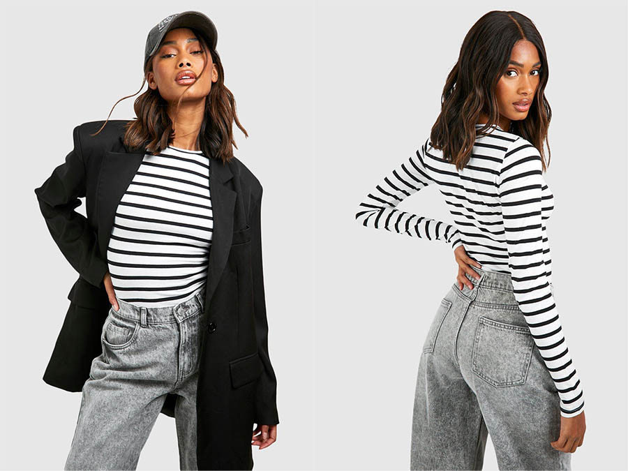 Ladies white and grey stripeTriple Stripe Long Sleeve Body Suit Fashion.ie 2024 Ireland