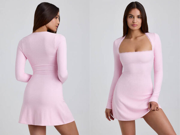 Ladies Cherry blossom Pink Ribbed Lace-Trim Mini Dress. Fashion.ie 2024 Ireland