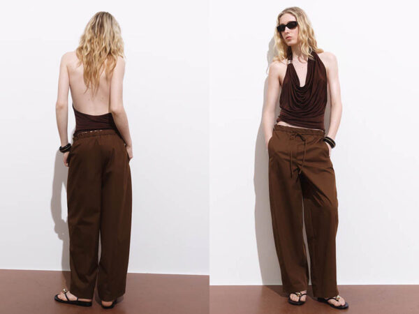 Ladies Brown Wide Leg Cotton Trousers