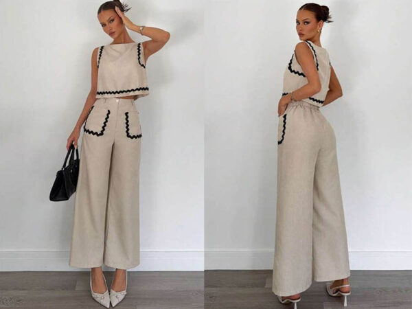 Apricot Trouser & Top Set with Trim Detailing