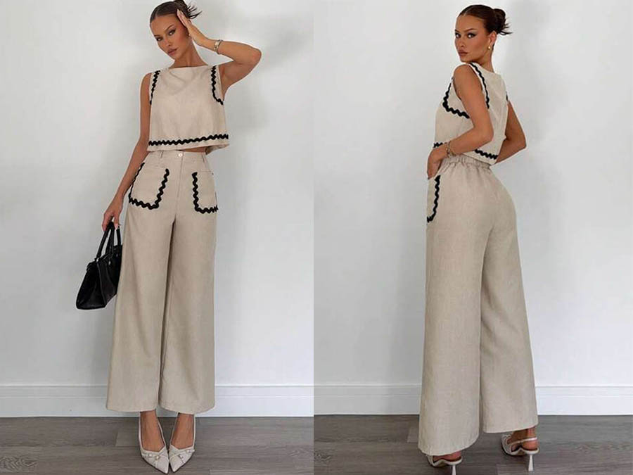 Apricot Trouser & Top Set with Trim Detailing