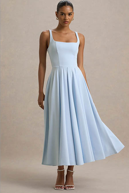 Blue Strappy Volume Hem Midi Dress Ireland 2025