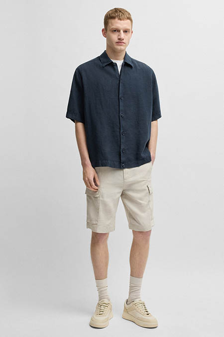 Hugo Boss Dark Blue Short Sleeve Linen Shirt