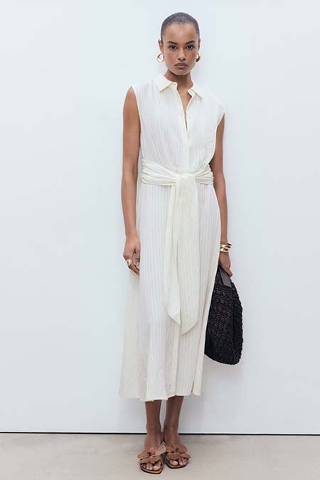 Off White Sleeveless Bow Shirt Dress