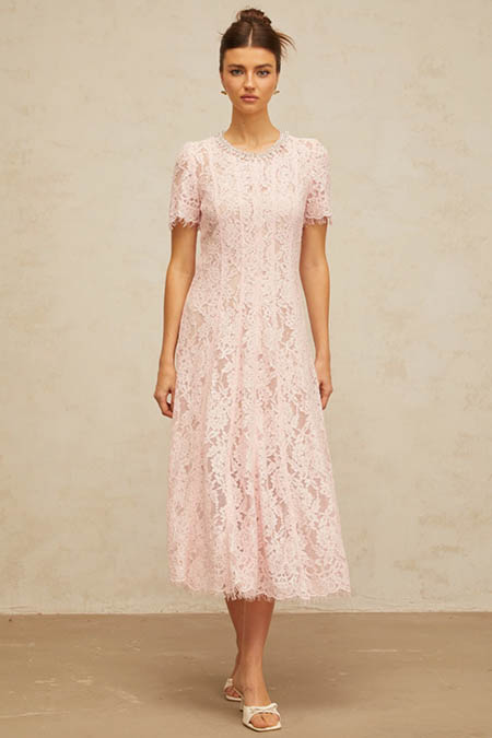 Pink Embellished Floral Lace Midi Dress