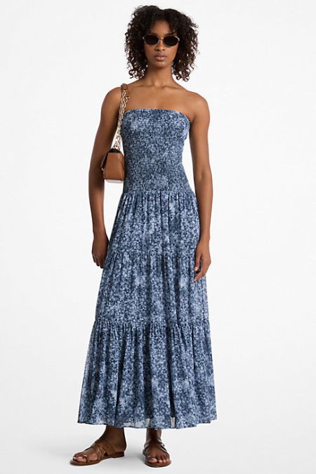 Michael Kors Floral Print Georgette Smocked Tiered Dress Midnight Blue