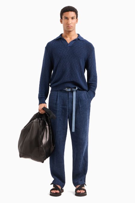 Armani Men’s Blue Long sleeve Jacquard Knitted Polo Shirt. Designer fashion Ireland 2025