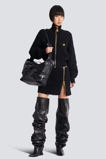 Balmain Black Tweed Bomber Jacket. Latest designer fashion ladies jackets for autumn 2025