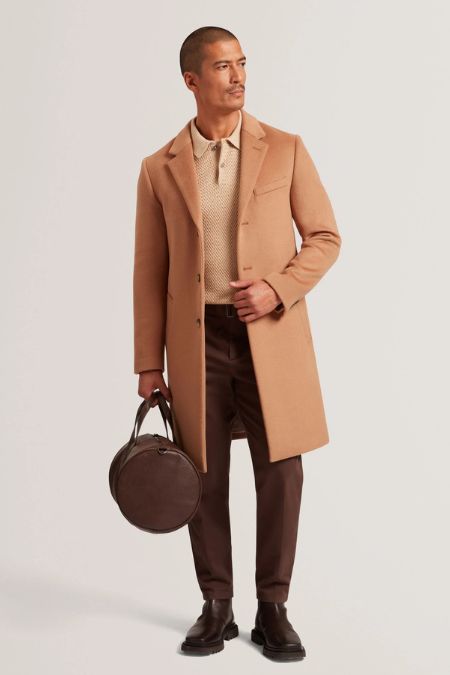 Ted Baker Men’s Slim Fit Wool Overcoat. Latest designer men's brown wool overcoats 2024