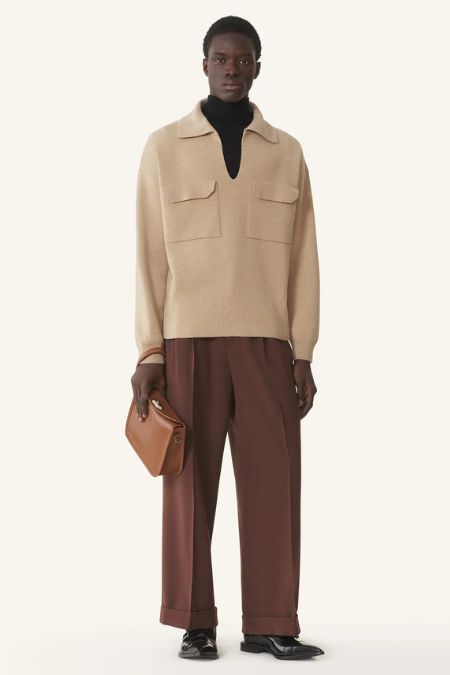 Lanvin Men’s Cashmere Camel Polo Shirt. Men's designer fashion Autumn 2025