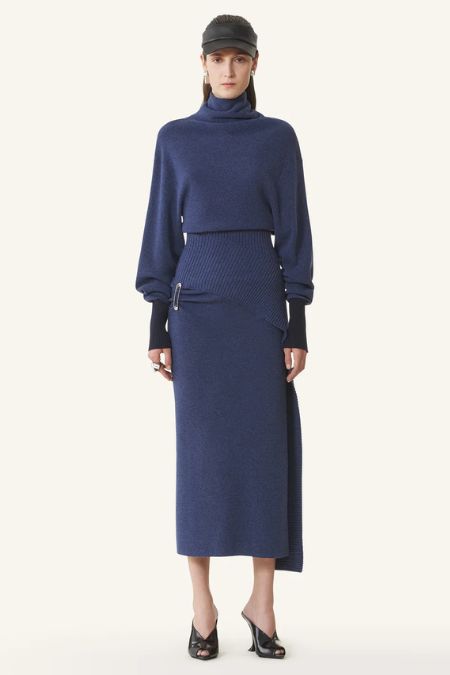 Lanvin Indigo Wool & Cashmere Midi Dress. Latest ladies designer winter dresses winter 2025